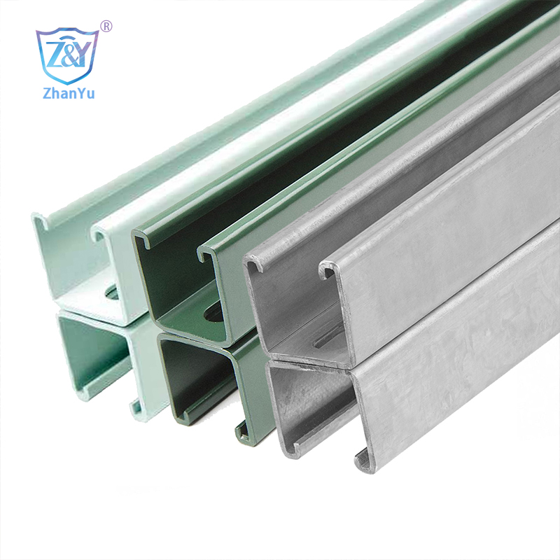 Canal de puntal pla esquena 1-5/8″x1-5/8″ amb HDG, Recobriment en pols, Pinça d'amortiment de zinc